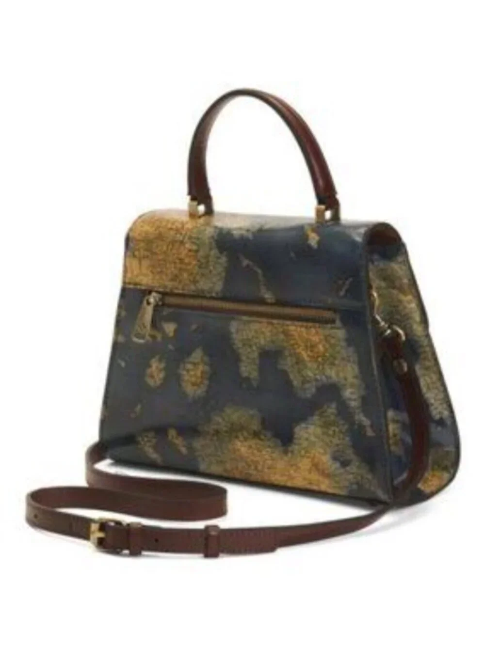 PATRICIA NASH Leather Chauny Satchel Handbag Xbody Greek Map Print Navy Yellow